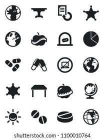 Set of vector isolated black icon - no laptop vector, ticket office, globe, document reload, pills, diet, earth, pie graph, table, police, alarm led