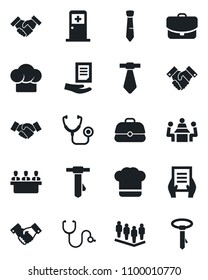 Set of vector isolated black icon - medical room vector, handshake, team, tie, document, stethoscope, meeting, cook hat, case