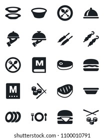 Set of vector isolated black icon - spoon and fork vector, dish, cafe, menu, plates, waiter, steak, kebab, hamburger, bowl, sushi