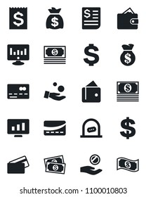 Set of vector isolated black icon - credit card vector, ticket office, dollar sign, money bag, statistic monitor, cash, receipt, wallet, investment