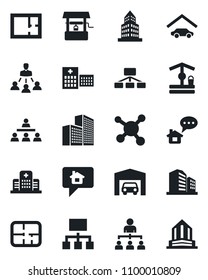 Set of vector isolated black icon - hierarchy vector, well, hospital, molecule, office building, garage, plan, home message