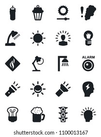 Set of vector isolated black icon - brainstorm vector, bulb, sun, traffic light, torch, brightness, desk lamp, beer, candle, smoke detector, outdoor, alarm led, shining head