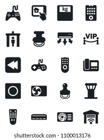 Set of vector isolated black icon - airport tower vector, security gate, scales, gamepad, remote control, rewind, record, stamp, air conditioner, vip zone, intercome, home app, garage
