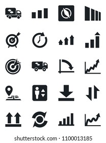 Set of vector isolated black icon - elevator vector, growth statistic, crisis graph, navigation, up side sign, sorting, data exchange, download, compass, update, bar, moving, target, arrow, clock