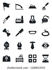 Set of vector isolated black icon - pen vector, garden fork, hose, pond, doctor case, dropper, broken bone, eye id, application, ink, fruit tree, mountains, children room, factory, hot dog, crisis