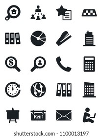Set of vector isolated black icon - taxi vector, mail, presentation board, network, favorites list, call, pie graph, paper binder, hierarchy, stapler, rent, estate search, city house, consumer