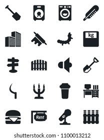 Set of vector isolated black icon - desk vector, job, shovel, sickle, caterpillar, thermometer, scales, signpost, microphone, speaker, office building, fence, rent, washer, candle, hamburger