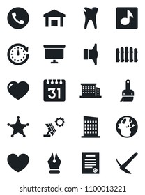 Set of vector isolated black icon - phone vector, presentation board, fence, heart, caries, warehouse, speaker, themes, calendar, music, ink pen, contract, office building, city house, police, clock