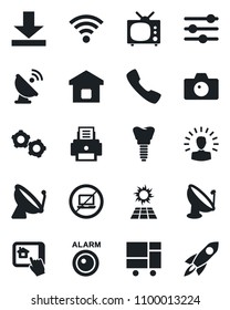 Set of vector isolated black icon - satellite antenna vector, no laptop, camera, gear, implant, consolidated cargo, call, tuning, download, wireless, printer, tv, smart home, control app, sun panel