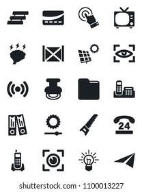 Set of vector isolated black icon - tv vector, office binder, brainstorm, saw, phone, 24 hours, container, touch screen, folder, brightness, paper tray, stamp, sun panel, credit card, wireless, idea