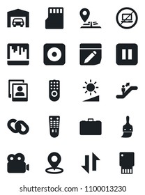 Set of vector isolated black icon - escalator vector, no laptop, case, navigation, remote control, chain, pause button, rec, themes, scanner, sd, notes, data exchange, brightness, place tag, video