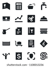 Set of vector isolated black icon - dispatcher vector, baggage trolley, diagnosis, railroad, cargo container, receipt, cut, face id, point graph, contract, water supply, wine card, reception