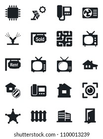 Set of vector isolated black icon - house vector, tv, with garage, rent, sold signboard, office building, estate insurance, chip, irrigation, air conditioner, intercome, radiator, eye scan, police
