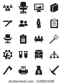 Set of vector isolated black icon - team vector, money bag, meeting, farm fork, pruner, axe, blood test vial, group, root setup, clipboard, monitor statistics, identity card, office chair, blank box