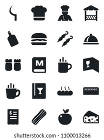 Set of vector isolated black icon - hot cup vector, sickle, cook, dish, hat, wine card, menu, reserved, coffee, bacon, salt and pepper, bread, alcove, restaurant receipt, kebab, hamburger, cheese