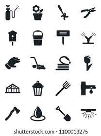 Set of vector isolated black icon - job vector, flower in pot, farm fork, bucket, pruner, glove, lawn mower, water drop, hose, axe, plant label, garden light, greenhouse, bird house, sprayer, ripper