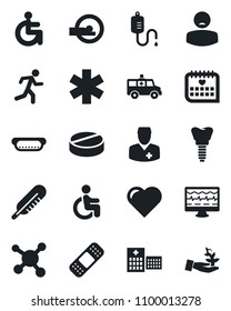 Set of vector isolated black icon - heart vector, monitor pulse, dropper, thermometer, pills, patch, tomography, ambulance star, car, run, disabled, implant, medical calendar, hospital, doctor