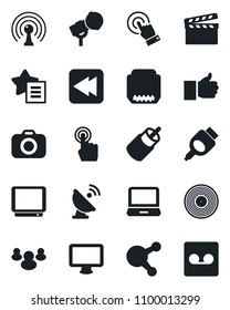 Set of vector isolated black icon - satellite antenna vector, clapboard, vinyl, camera, microphone, tv, touch screen, monitor, laptop pc, share, group, finger up, favorites list, rewind, rca, hdmi