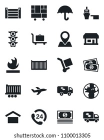 Set of vector isolated black icon - baggage trolley vector, earth, pin, store, plane, cash, traffic light, 24 hours, truck trailer, cargo container, sea port, consolidated, umbrella, flammable