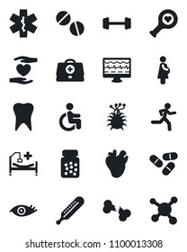 Set of vector isolated black icon - monitor pulse vector, doctor case, thermometer, heart diagnostic, pills, bottle, ambulance star, barbell, run, hospital bed, disabled, hand, real, tooth, eye