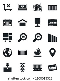 Set of vector isolated black icon - earth vector, pin, railroad, cash, traffic light, cargo container, term, consolidated, fragile, warehouse storage, no trolley, package, sorting, flammable, search