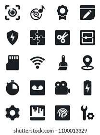 Set of vector isolated black icon - protect vector, settings, themes, stopwatch, record, scanner, sd, notes, wireless, cut, place tag, eye id, fingerprint, music, video, charge, application