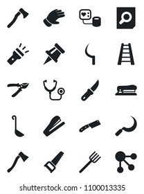 Set of vector isolated black icon - document search vector, farm fork, ladder, pruner, glove, saw, sickle, garden knife, axe, stethoscope, blood pressure, torch, drawing pin, stapler, ladle