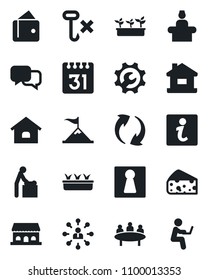 Set of vector isolated black icon - female vector, baby room, reception, hierarchy, meeting, seedling, no hook, dialog, update, calendar, root setup, house, cafe building, cheese, information