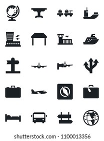 Set of vector isolated black icon - suitcase vector, airport bus, signpost, globe, bed, baggage larry, plane, boarding, building, case, route, sea shipping, compass, table, earth