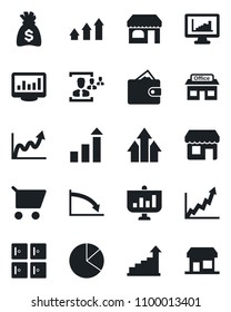 Set of vector isolated black icon - shop vector, checkroom, growth statistic, money bag, store, monitor statistics, pie graph, hr, arrow up, wallet, crisis, cart, presentation, storefront