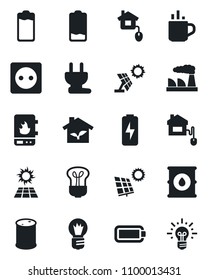 Set of vector isolated black icon - hot cup vector, bulb, factory, oil barrel, battery, low, charge, sun panel, home control, eco house, socket, power plug, water heater, idea