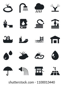 Set of vector isolated black icon - watering vector, water drop, rain, well, hose, pond, sea shipping, port, umbrella, warehouse, pool, bathroom, irrigation, heater, warm floor