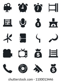 Set of vector isolated black icon - alarm clock vector, tv, abacus, money bag, sickle, film frame, vinyl, video camera, microphone, call, fireplace, rolling pin, fridge, windmill