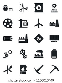 Set of vector isolated black icon - factory vector, truck trailer, sea port, flammable, oil barrel, reel, low battery, sun panel, windmill, crane, water heater, gear, hard work