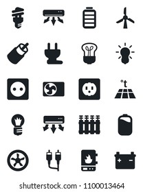Set of vector isolated black icon - bulb vector, battery, rca, air conditioner, socket, power plug, fan, water heater, radiator, warm floor, energy saving, windmill