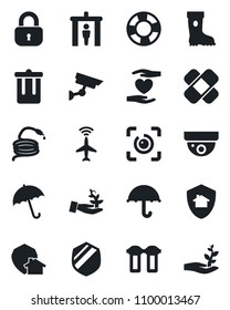 Set of vector isolated black icon - plane radar vector, security gate, umbrella, trash bin, boot, hose, patch, heart hand, shield, eye id, lock, water filter, home protect, surveillance