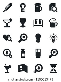 Set of vector isolated black icon - bulb vector, blood test vial, thermometer, heart diagnostic, ampoule, fragile, search cargo, document, client, wine card, drink, cocktail, beer, money, idea