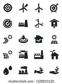 Set of vector isolated black icon - factory vector, bird house, target, sun panel, windmill, eco, water, palm sproute