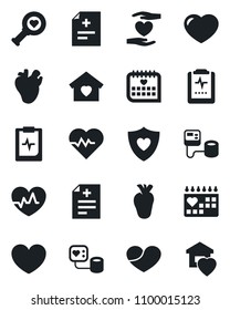 Set of vector isolated black icon - heart vector, pulse, diagnosis, blood pressure, diagnostic, shield, hand, real, medical calendar, clipboard, sweet home