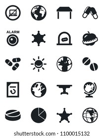 Set of vector isolated black icon - no laptop vector, ticket office, globe, document reload, pills, diet, earth, pie graph, table, police, alarm led