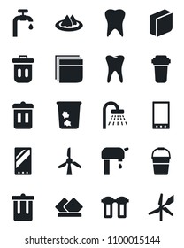 Set of vector isolated black icon - trash bin vector, shower, bucket, tooth, mobile, blank box, water supply, serviette, filter, windmill