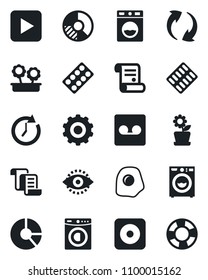 Set of vector isolated black icon - gear vector, contract, circle chart, pills blister, play button, rec, update, record, eye id, washer, flower in pot, omelette, clock, crisis management