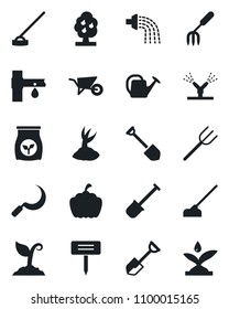 Set of vector isolated black icon - job vector, garden fork, shovel, farm, watering can, wheelbarrow, sproute, hoe, sickle, plant label, pumpkin, fertilizer, drip irrigation, fruit tree