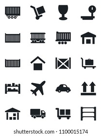 Set of vector isolated black icon - plane vector, baggage trolley, railroad, truck trailer, cargo container, car delivery, fragile, warehouse storage, up side sign, heavy scales, rack