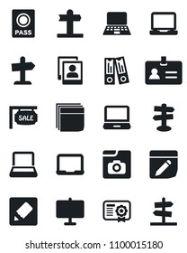 Set of vector isolated black icon - passport vector, identity, office binder, notebook pc, signpost, laptop, notes, photo gallery, presentation board, blank box, sale, certificate, guidepost