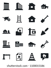 Set of vector isolated black icon - barrier vector, border cone, airport building, office, trowel, shovel, ladder, wheelbarrow, house, hospital, with garage, tree, estate document, city, crane