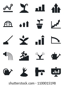 Set of vector isolated black icon - growth statistic vector, seedling, watering can, sproute, hoe, greenhouse, drip irrigation, bar graph, point, career ladder, arrow up, crisis, presentation