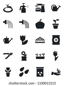 Set of vector isolated black icon - factory vector, flower in pot, seedling, watering can, pruner, pumpkin, greenhouse, seeds, pond, garden sprayer, fertilizer, tulip, palm sproute