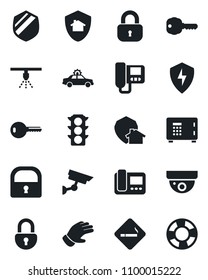 Set of vector isolated black icon - smoking place vector, alarm car, safe, glove, traffic light, shield, protect, lock, key, intercome, home, surveillance, sprinkler, crisis management