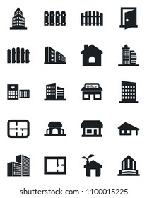 Set of vector isolated black icon - fence vector, house, hospital, store, office building, with garage, plan, city, cafe, eco, door